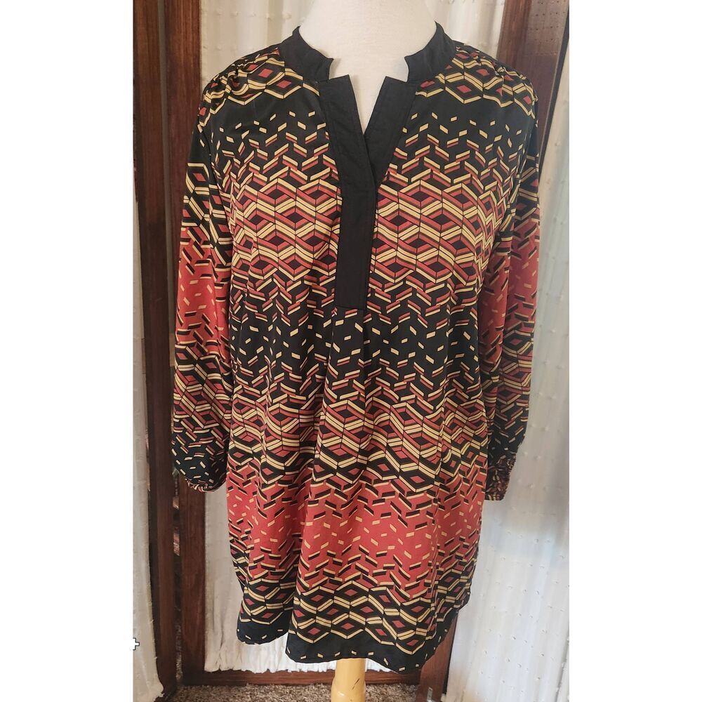 *F85 My Collection orange and black patterned blouse w/black collarless neckline